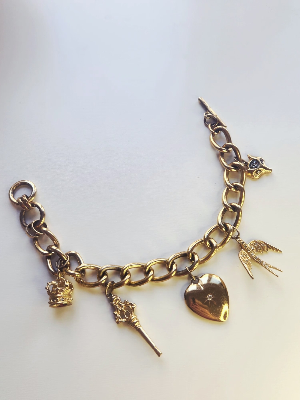 Gold Charm Bracelet with Heart and Bird Charms